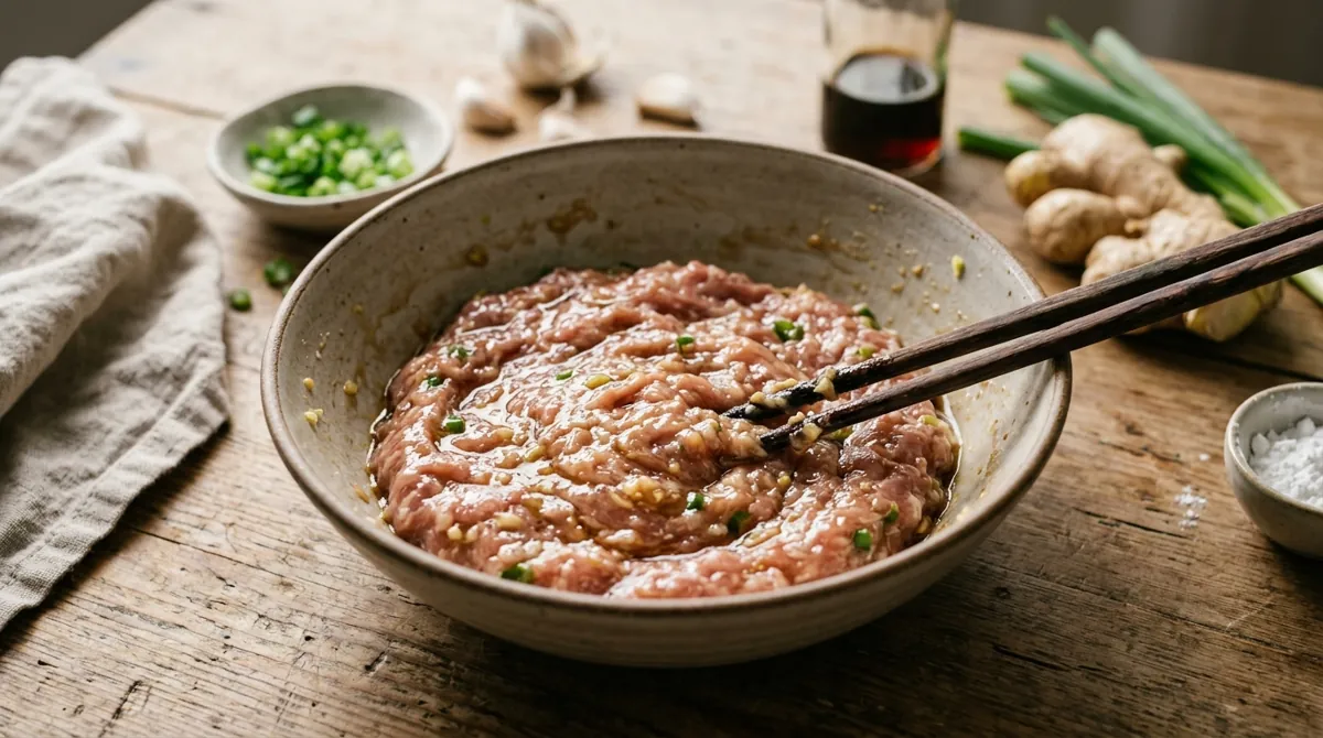 Step 1: Add everything except the water chestnuts to the pork and stir in one direction for about 10 minutes, until it turns into a sticky paste