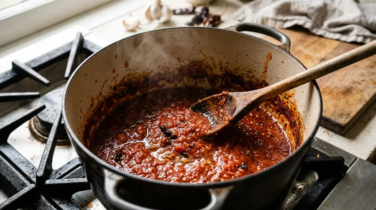 Step 5: Heat the oil in a deep pot and fry the purée for 6 to 8 minutes, until darker and thicker