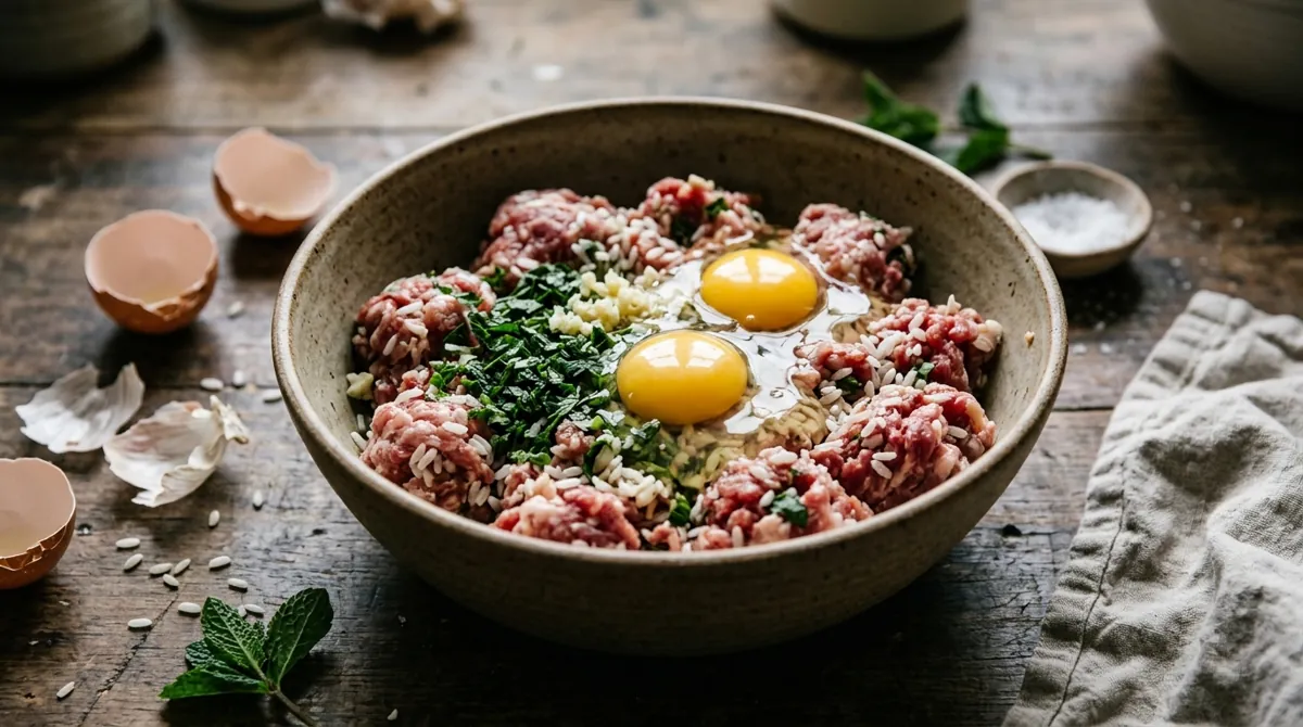 Step 3: Mix the meat, eggs, rice, mint and garlic, salt and pepper