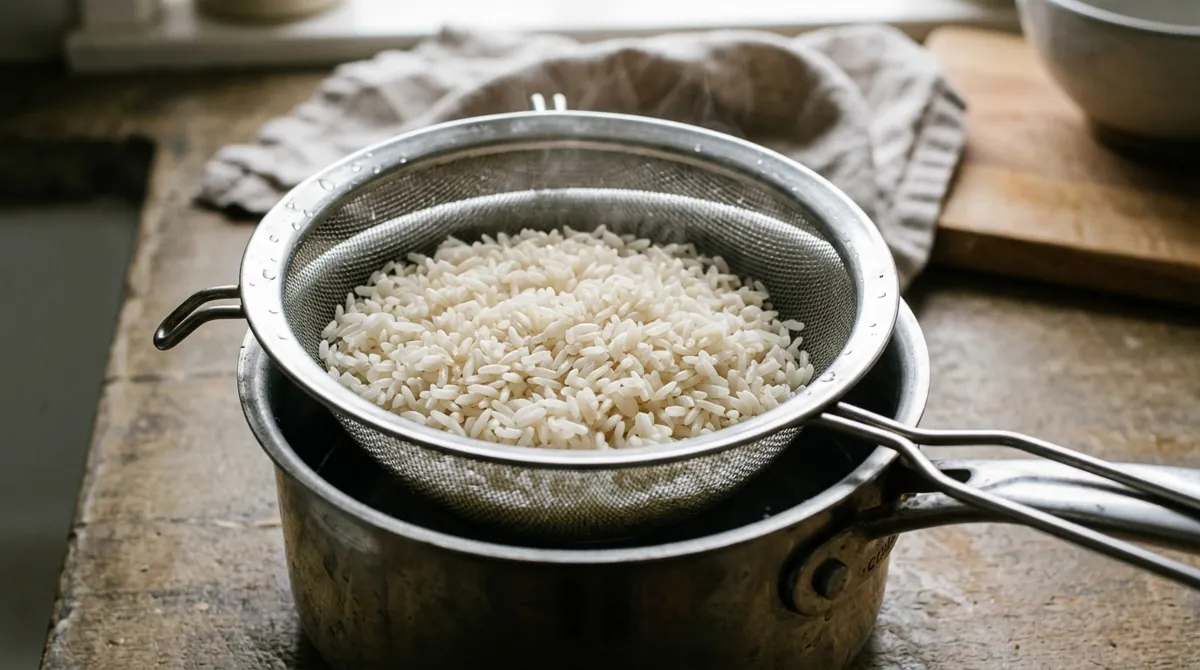 Step 1: Simmer the rice in 2 cups of hot water for 6 to 8 minutes, until only half cooked
