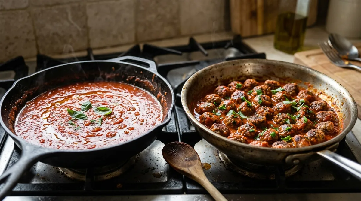 Step 6: When the sauce is nearly done, move some of it to a second pan and let the pallottine finish cooking in it