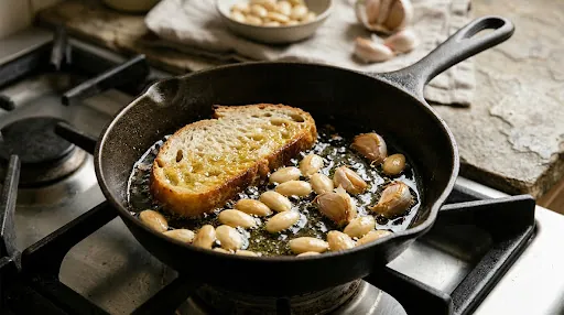 Step 5: In some of that oil, fry the almonds, the slice of bread and the garlic until golden