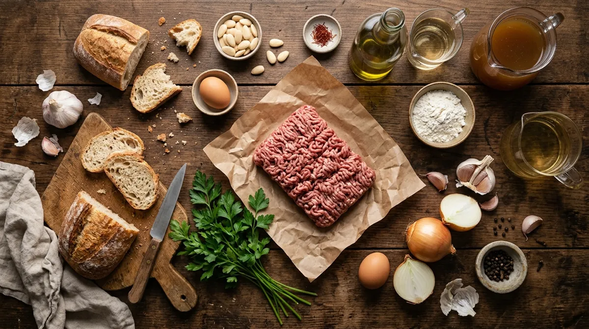 Step 1: Squeeze the soaked bread and knead it with the meats, garlic, onion, parsley, salt, nutmeg and egg