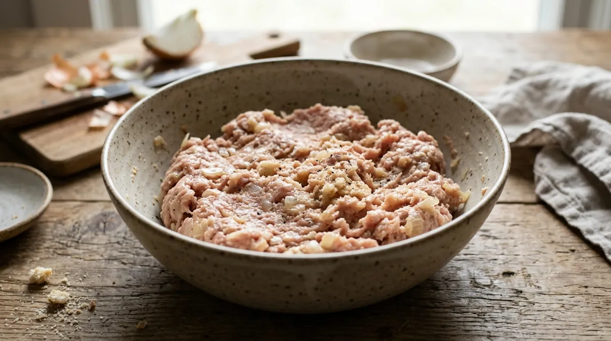 Step 3: Add the meat, salt and pepper and mix gently, just until it comes together
