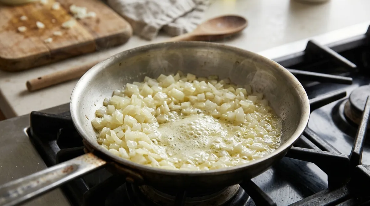 Step 2: Soften the onion in a little butter until it's clear, not brown, then add it to the bowl
