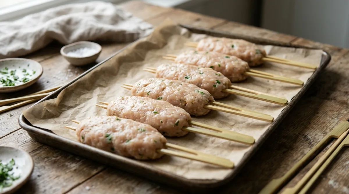 Step 3: Shape 6 oblong patties and push two skewers through each one
