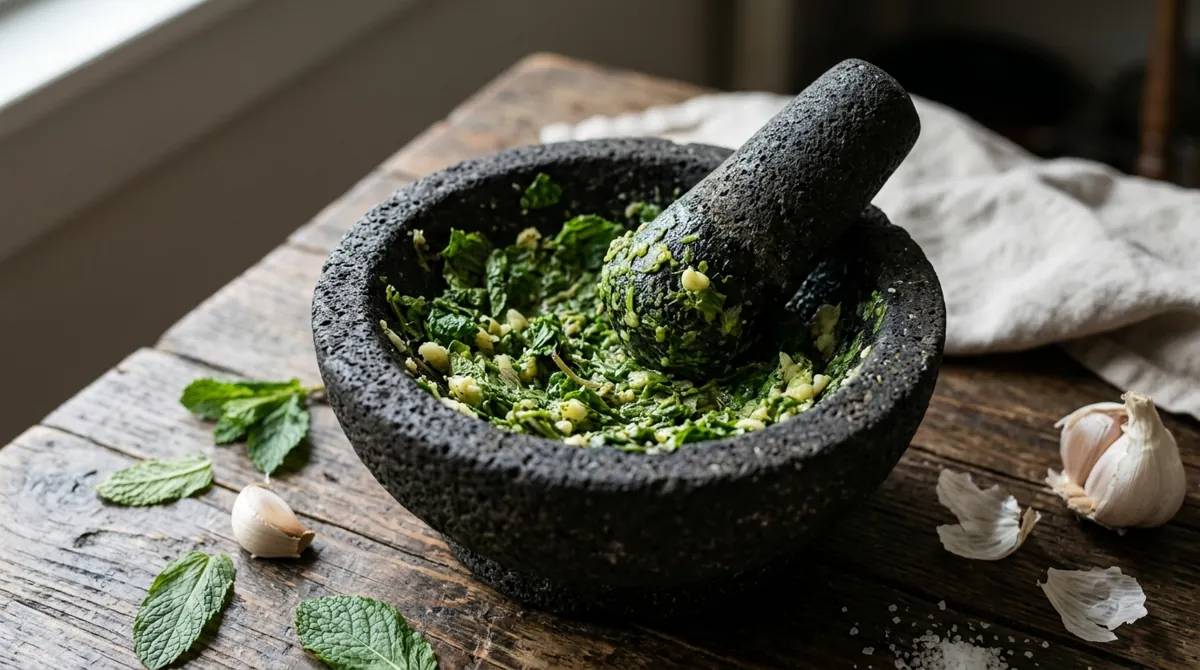 Step 2: Mash the mint with 2 cloves of garlic